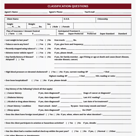 Milner Financial's classification questionnaire
